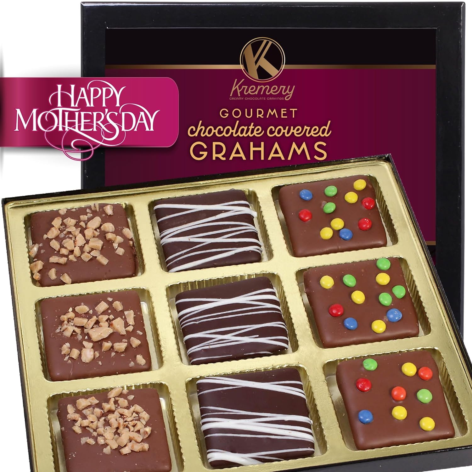 KREMERY Creamy Chocolate Cravings - Mothers Day Chocolate Covered Graham Crackers Cookies Gift Basket, Assorted Candy Toppings (9 Count) Birthday Care Package - Kosher Dairy USA Made