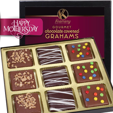 KREMERY Creamy Chocolate Cravings - Mothers Day Chocolate Covered Graham Crackers Cookies Gift Basket, Assorted Candy Toppings (9 Count) Birthday Care Package - Kosher Dairy USA Made