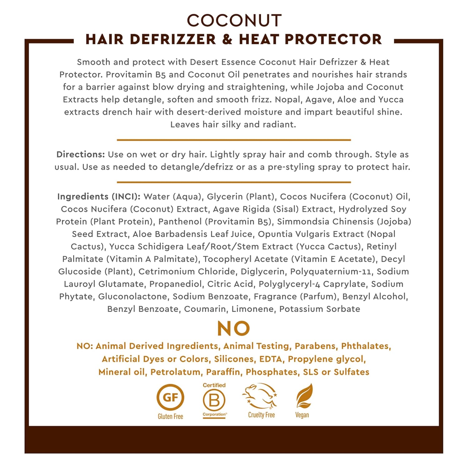 Desert Essence Coconut Hair Defrizzer & Heat Protector 8 Fl Oz - Gluten Free, Vegan, Cruelty Free - Coconut Oil & Jojoba Seed Extract - Protects Hair From Heat & Styling Damage : Beauty & Personal Care