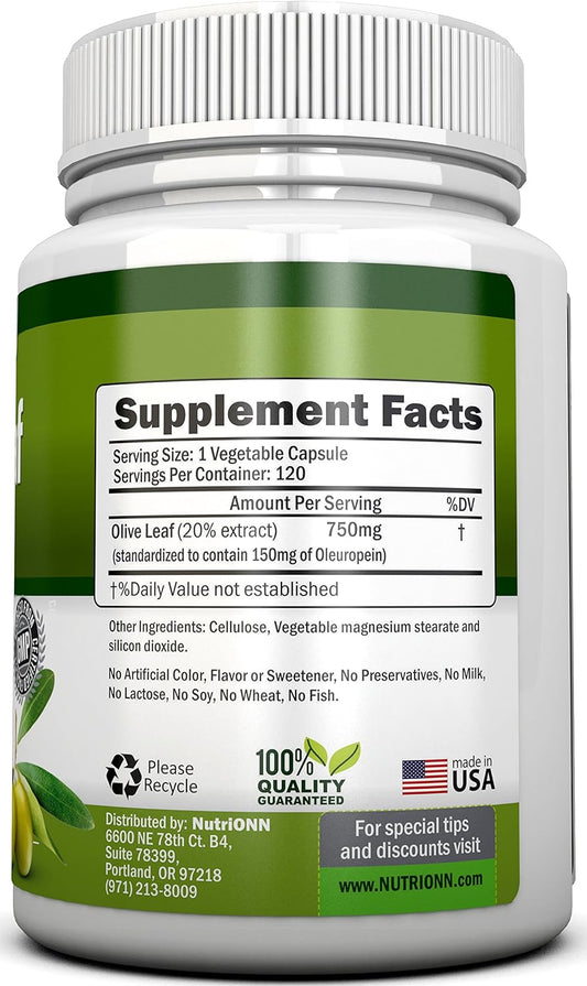 Olive Leaf Extract - 750 Mg - 120 Capsules - Extra Strength - 20% Oleuropein - Non-GMO Formula - Premium Quality From Pure Olive Leaves - Powerful Antioxidant - Great for Heart, Skin and Brain