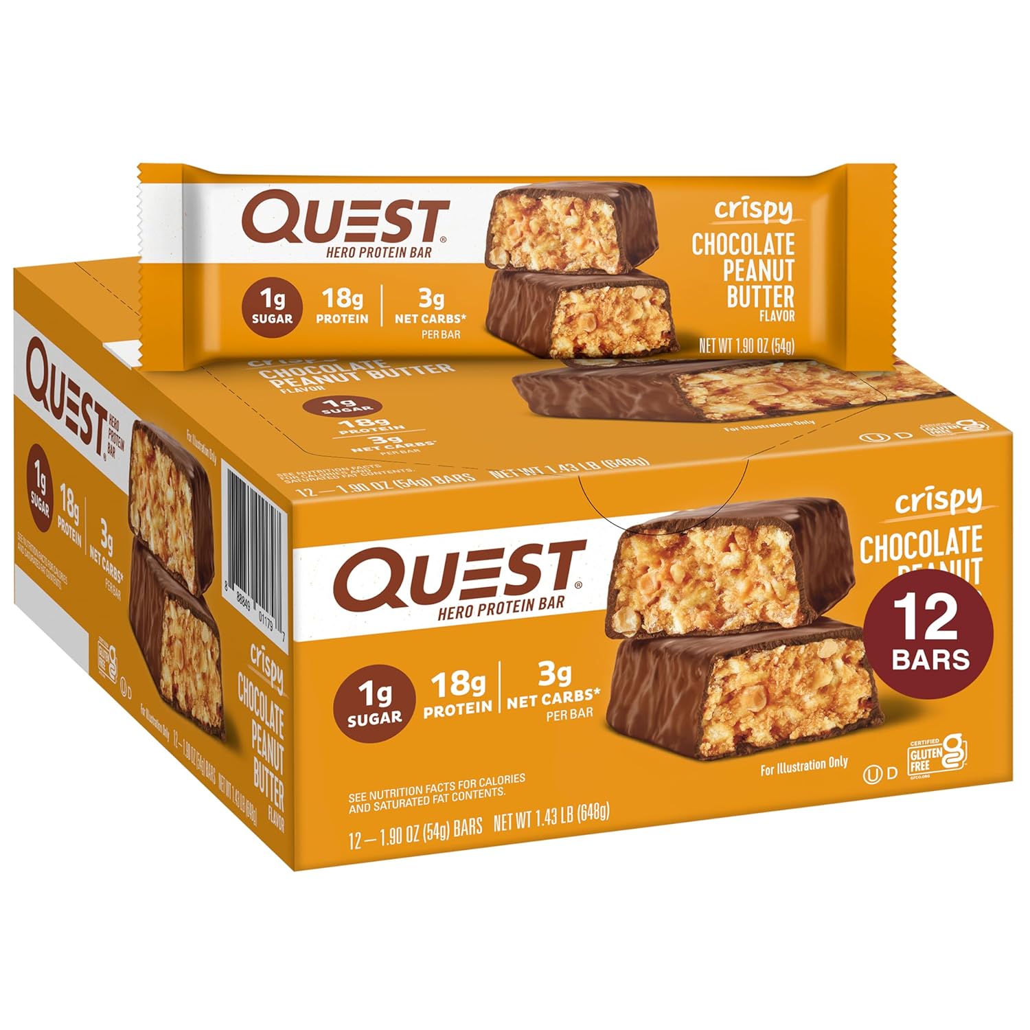 Quest Nutrition Crispy Chocolate Peanut Butter Hero Protein Bar, 18G Protein, 1G Sugar, 3G Net Carb, Gluten Free Protein Snack, Keto Friendly, 12 Count