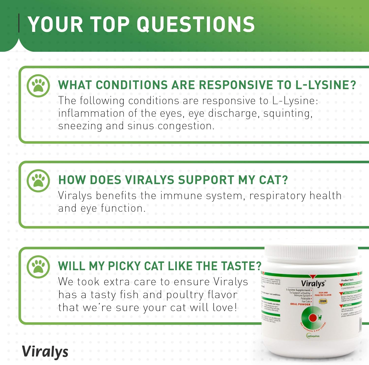 Vetoquinol Viralys L-Lysine Supplement for Cats - Cats & Kittens of All Ages - Immune Health - Sneezing, Runny Nose, Squinting, Watery Eyes - Flavored Lysine Powder : Pet Milk Replacers : Pet Supplies