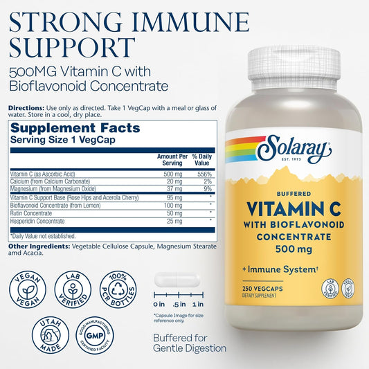 Solaray Buffered Vitamin C 500Mg - With Bioflavonoids, Rose Hips And Acerola Cherry - Immune Support Supplement - Easy To Digest, Vegan, Lab Verified, 60-Day Guarantee - 250 Servings, 250 Vegcaps