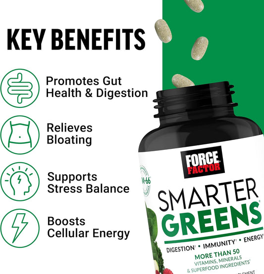 Force Factor Smarter Greens Tablets, 2-Pack, Greens Supplement With 25+ Superfoods And Antioxidants To Improve Digestion, Reduce Stress, Strengthen Immunity, And Support Metabolism, 180 Tablets