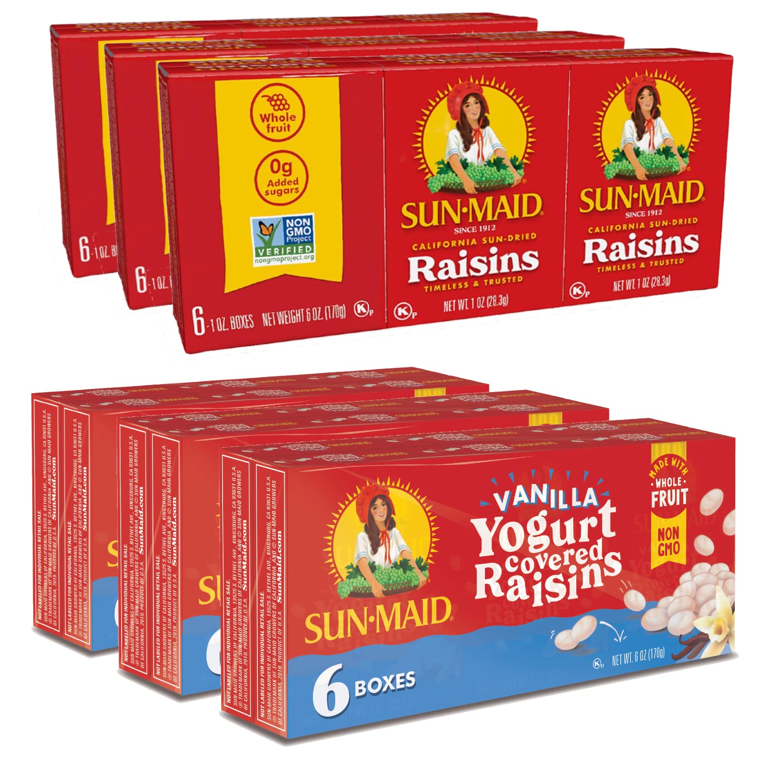 Sun-Maid California Sun-Dried Raisins & Vanilla Yogurt Coated Raisins (6 Pack) Snack-Size Box - Dried Fruit Snack for Lunches and Snacks