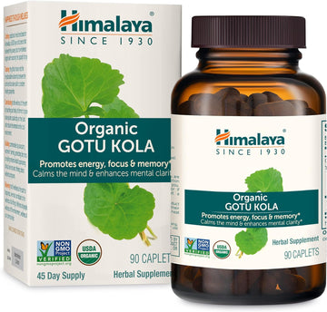 Himalaya Organic Gotu Kola, Herbal Supplement For Energy, Focus, Memory, Alertness, Concentration, Calms The Mind, Cognitive Support, Non-Gmo, Usda Organic, 90 Plant-Based Caplets, 45 Day Supply