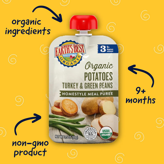Earth'S Best Organic Baby Food Pouches, Stage 3 Homestyle Meal Puree For Babies 9 Months And Older, Organic Potatoes Turkey And Green Beans Puree, 3.5 Oz Resealable Pouch (Pack Of 6)