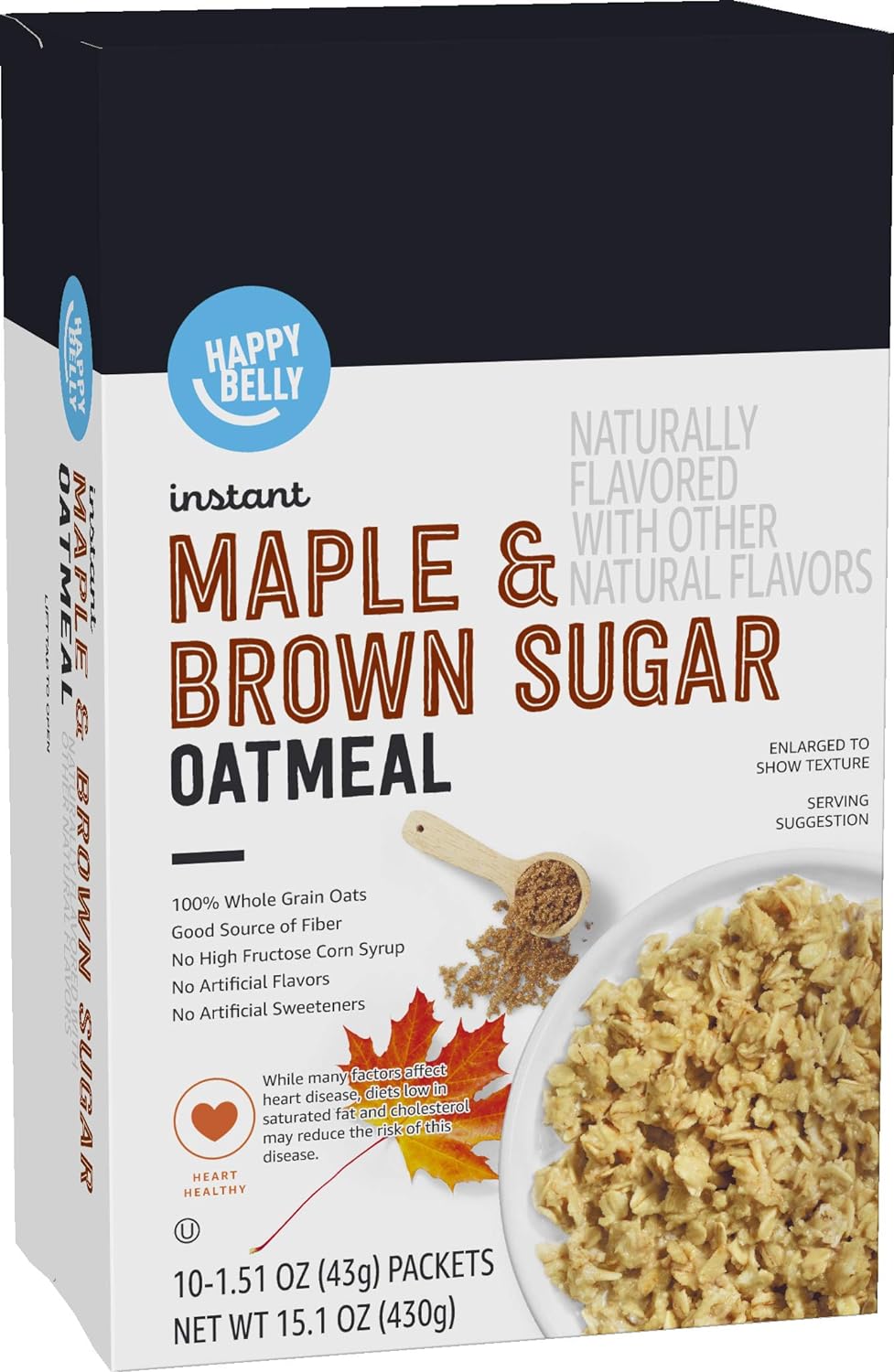 Amazon Brand - Happy Belly Instant Oatmeal, Maple & Brown Sugar, 1.51 ounce (Pack of 10)