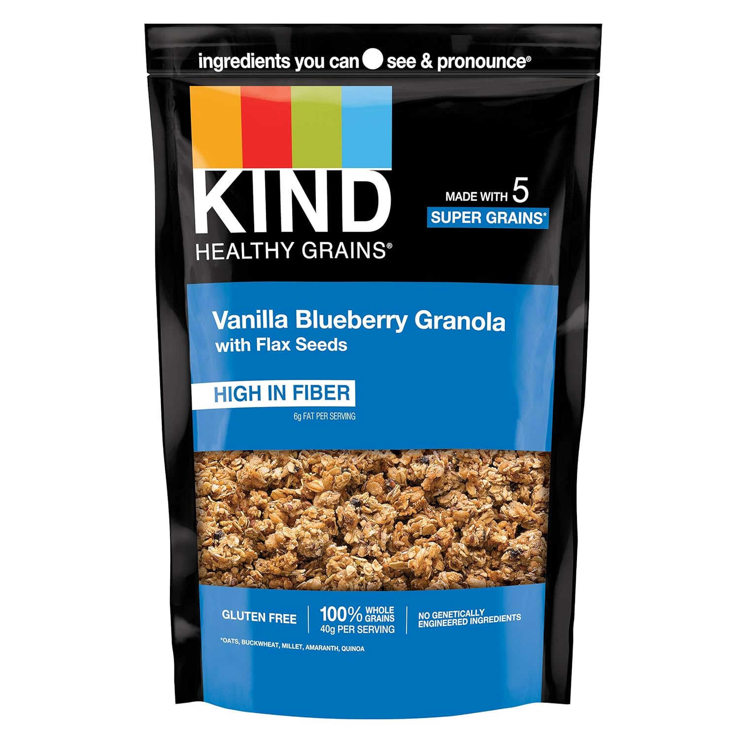 Kind Healthy Grains Granola, Healthy Snack, Vanilla Blueberry Granola With Flax Seeds, Snack Mix, 11 Oz (6 Bags)