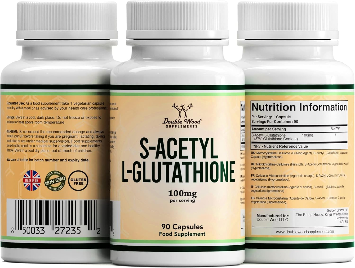 Double Wood Glutathione Supplement | 90 S-Acetyl L-Glutathione Capsules - 100mg per Serving | 90 Servings | Supports Liver Detoxification & Immune Function | Non-GMO & Gluten Free | UK Manufactured : Amazon.co.uk: Health & Personal Care