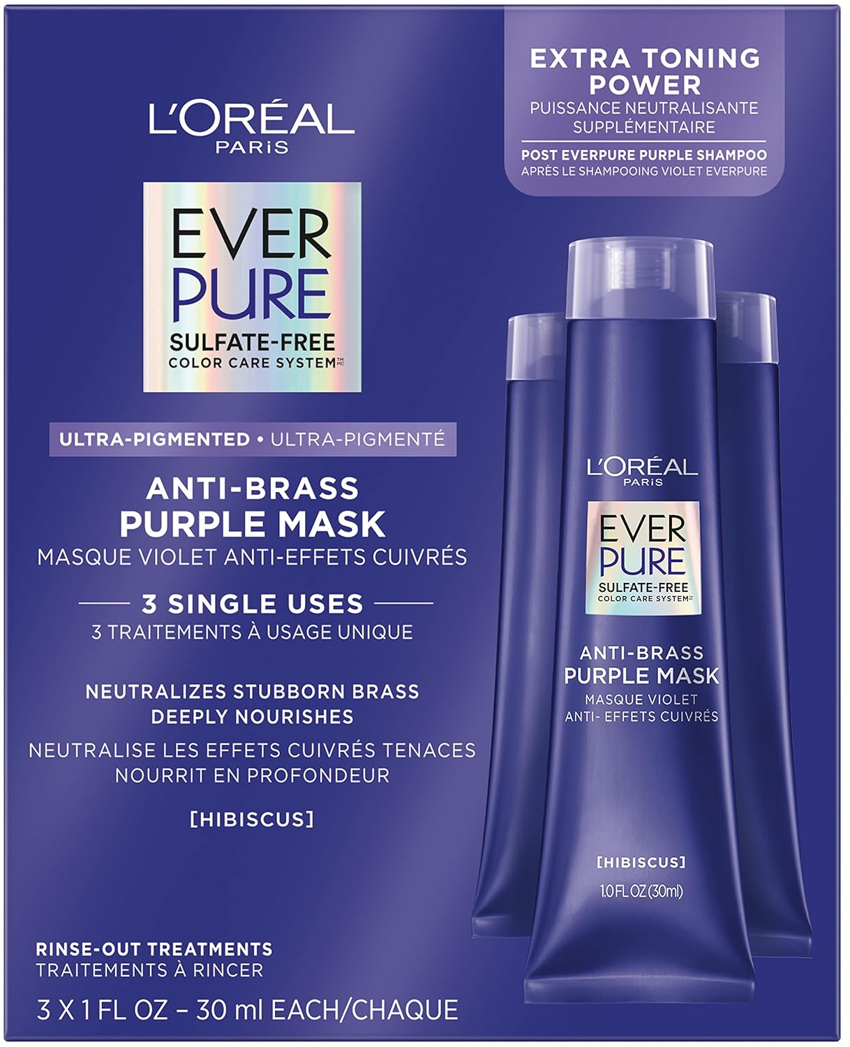 L'Oreal Paris Everpure Ultra Pigmented Anti Brass Purple Rinse-Out Mask For Bleached, Blonde Or Highlighted Hair, 3 Ounce