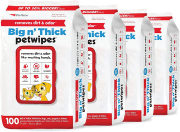 Petkin Pet Wipes for Dogs and Cats, 400 Large Wipes - Removes Dirt & Odor Like Washing Hands - Cleans Ears, Face, Butt, Eye Area - Convenient, Ideal for Home or Travel - 4 Packs of 100 Wipes