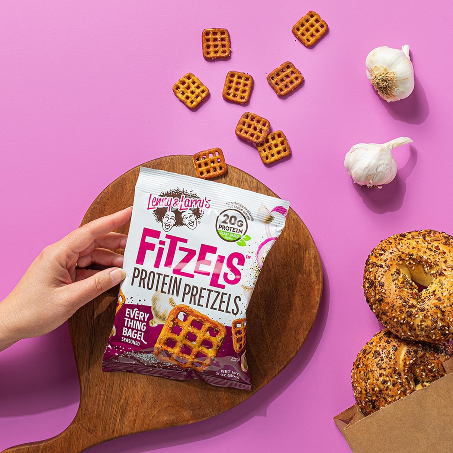 Lenny & Larry'S Everything Bagel Fitzels- Savory Pretzel Snacks Incredibly Tasty, High Protein Salty, Vegan, Kosher 20 G'S Of Plant Based Protein 8 (Eight) Bags, 3 Oz Each