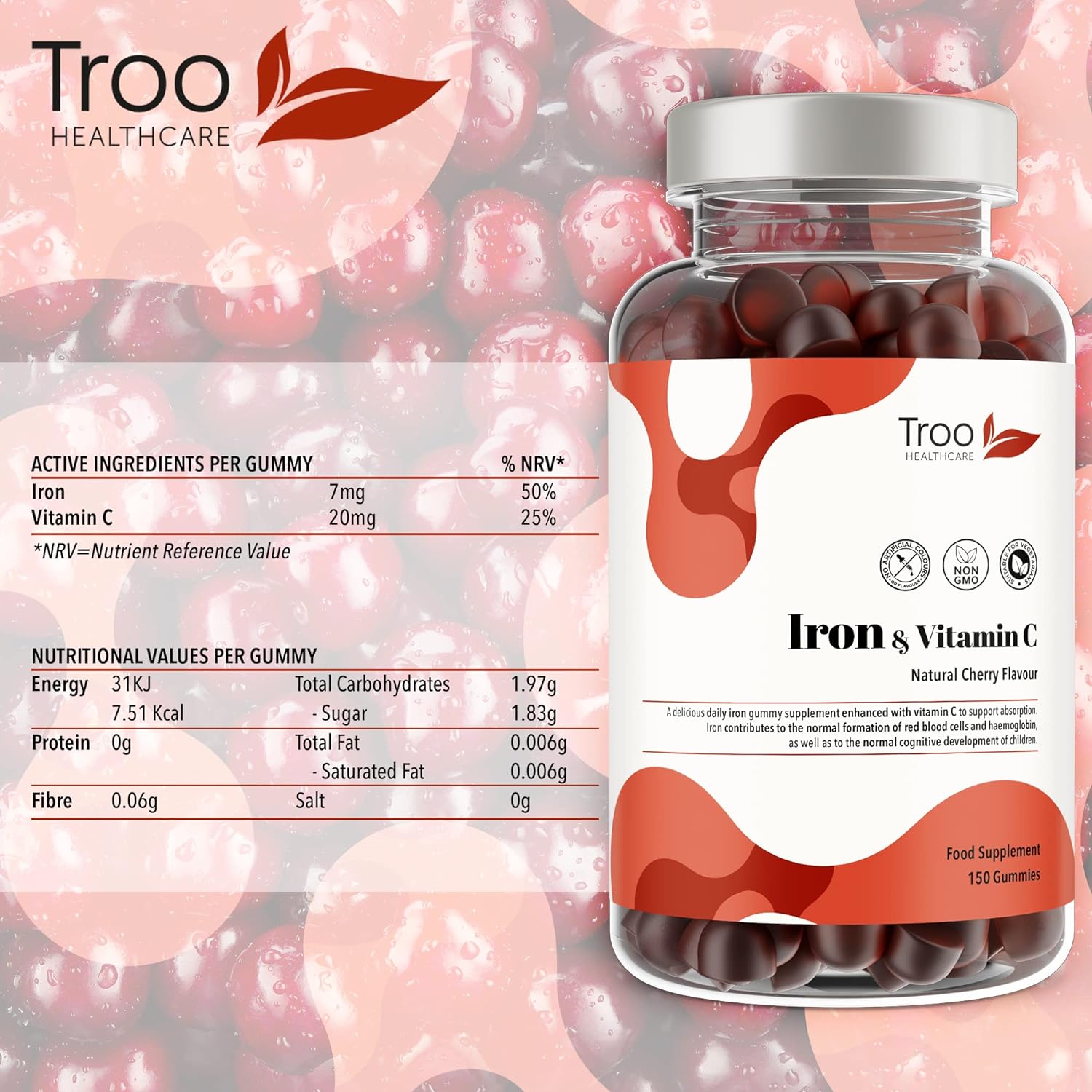 Iron & Vitamin C - 150 Natural Cherry Flavour Gummies - Tasty Chewable Supplement for Men, Women and Kids - Increased Absorption Supports Cognitive Development & Red Blood Cell Formation