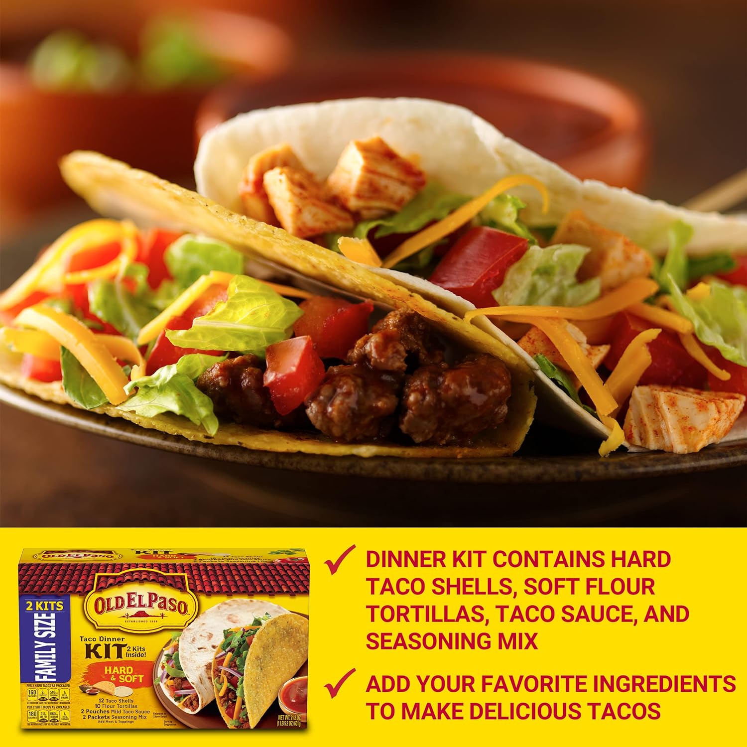 Old El Paso Hard & Soft Taco Dinner Kit, Family Size, 2 Kits, 21.2 oz