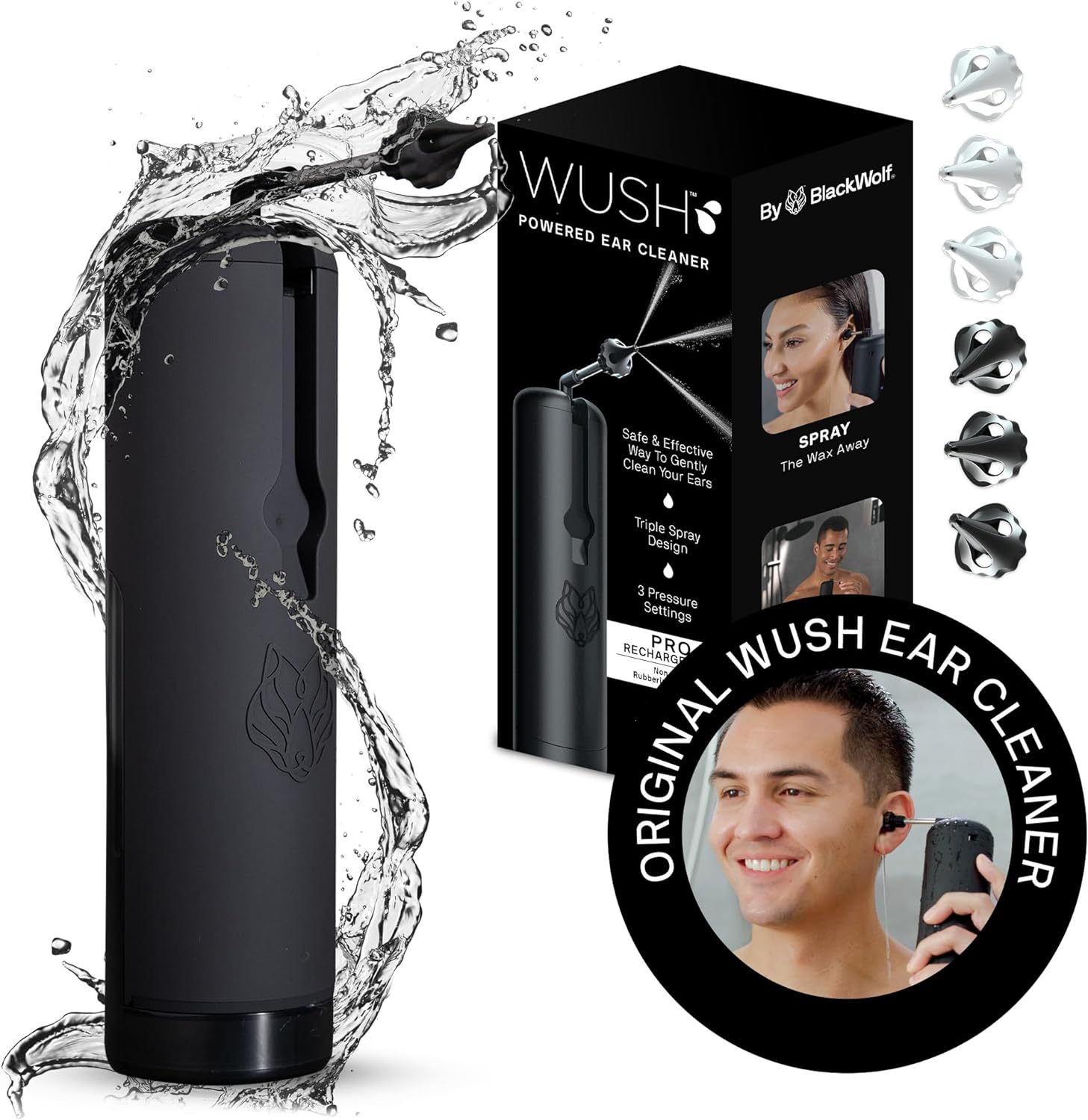 Wush Pro by Black Wolf - The Original Deluxe Water Powered Ear Cleaner with 6 Reusable Replacement Tips by Black Wolf - Safe & Effective for Ear Wax Buildup - Electric Ear Wax Removal Kit