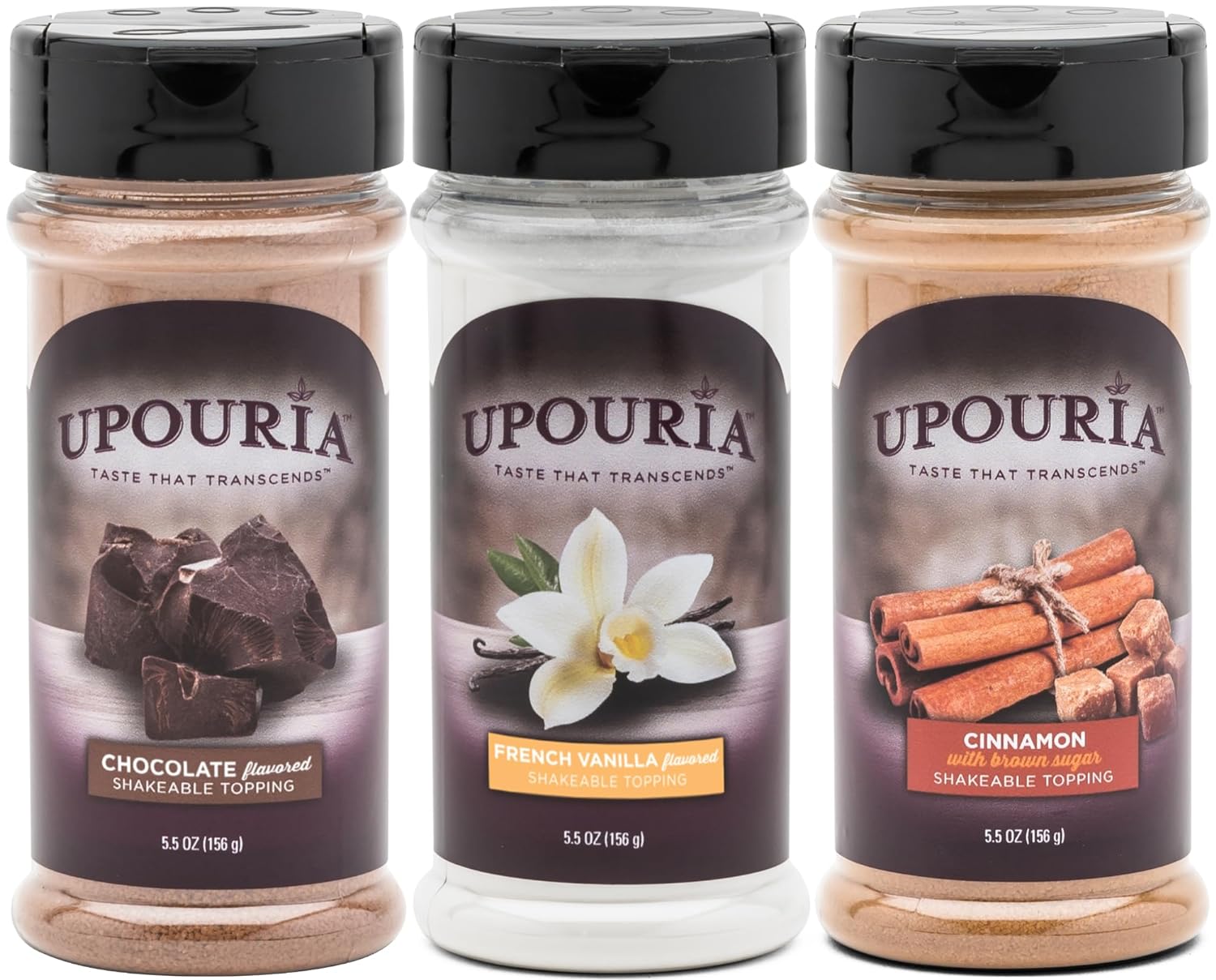 Upouria Coffee Topping Variety Pack - Chocolate, Cinnamon with Brown Sugar, and French Vanilla, 5.5 Ounce Shakeable Topping Jars - (Pack of 3)