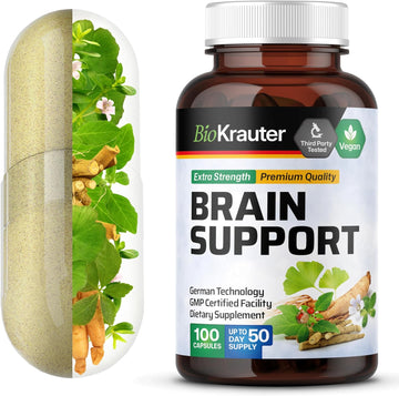 Bio Krauter Brain Support Supplement - 100 Count - 1300 Mg Blend Of Ashwagandha, Panax Ginseng And Ginkgo Biloba - Vegan, No Fillers