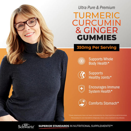 Turmeric Curcumin Ginger Gummies - 120 Count (Full 60 Day Supply) Natural Joint Support - Delicious Peach Flavored Turmeric Gummy Supplement for Women and Men - Vegan Safe, No GMOs or Fillers