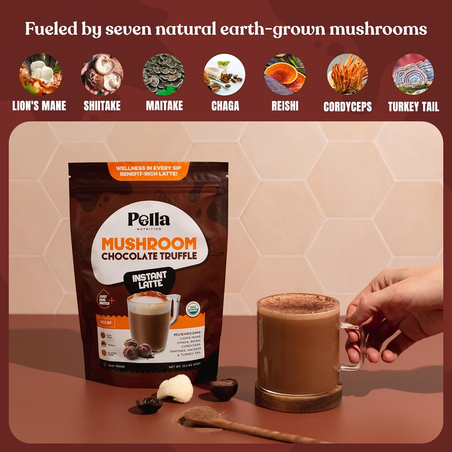 Organic Chocolate Truffle Instant Latte with 7 Mushroom Blend - Vegan, Non-GMO, Mushroom Coffee Organic - Reishi, Chaga, Lion's Mane, Turkey Tail - Mushroom Latte Supplement, Caffeine-Free, 15 Servings. : Grocery & Gourmet Food