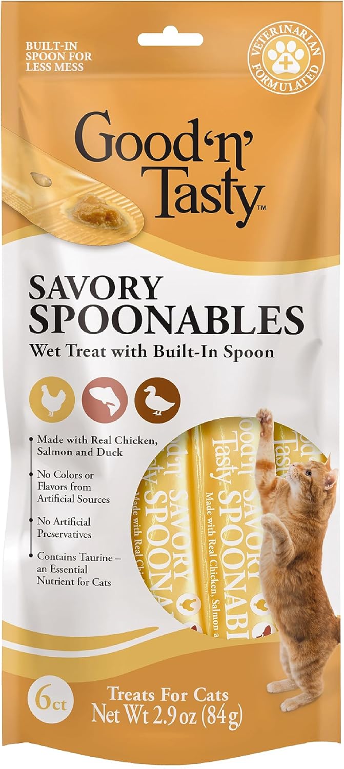 Good 'N' Tasty Savory Spoonables With Real Chicken, Salmon & Duck, 6 Count Tube, Triple Flavor Squeezable Lickable Wet Treats For Cats With Built-In Spoon For Less Mess