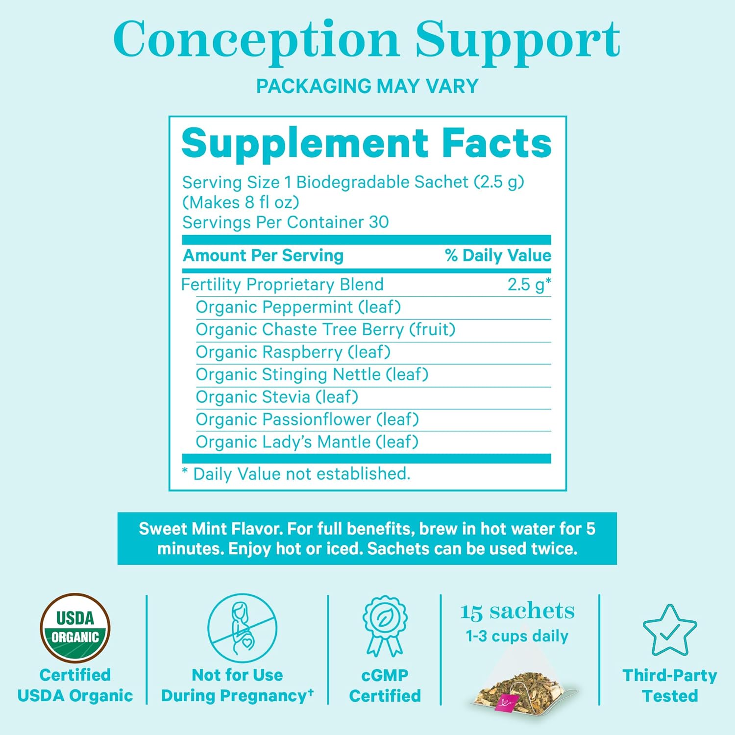 Pink Stork Organic Fertility Tea - Hormone Balance with Chaste Tree Berry (Vitex), Mint, and Red Raspberry Leaf - Supports Ovulation & Conception for Her, Caffeine Free - Sweet Mint, 15 Sachets