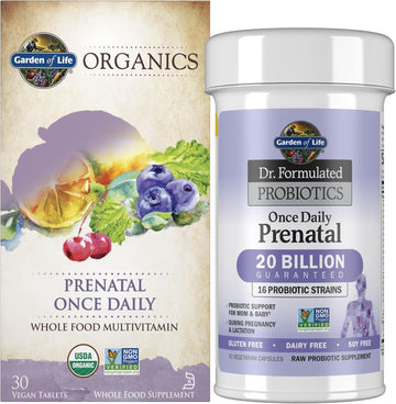 Garden Of Life Once Daily Prenatal Bundle: Organics Prenatal Once Daily Multivitamin, 30 Vegan Tablets + Dr. Formulated Once Daily Prenatal Probiotics 20 Billion Cfu, 30 Vegetarian Capsules