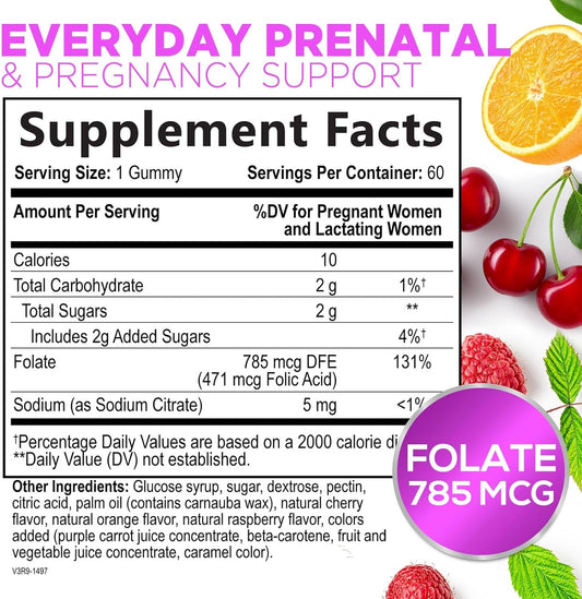 Folic Acid Gummies For Women 785 Mcg, Essential Prenatal Vitamins For Mom & Baby, Vegan Folic Supplement Gummy, Vitamin B9 Chewable Extra Strength Folate, Before During After Pregnancy