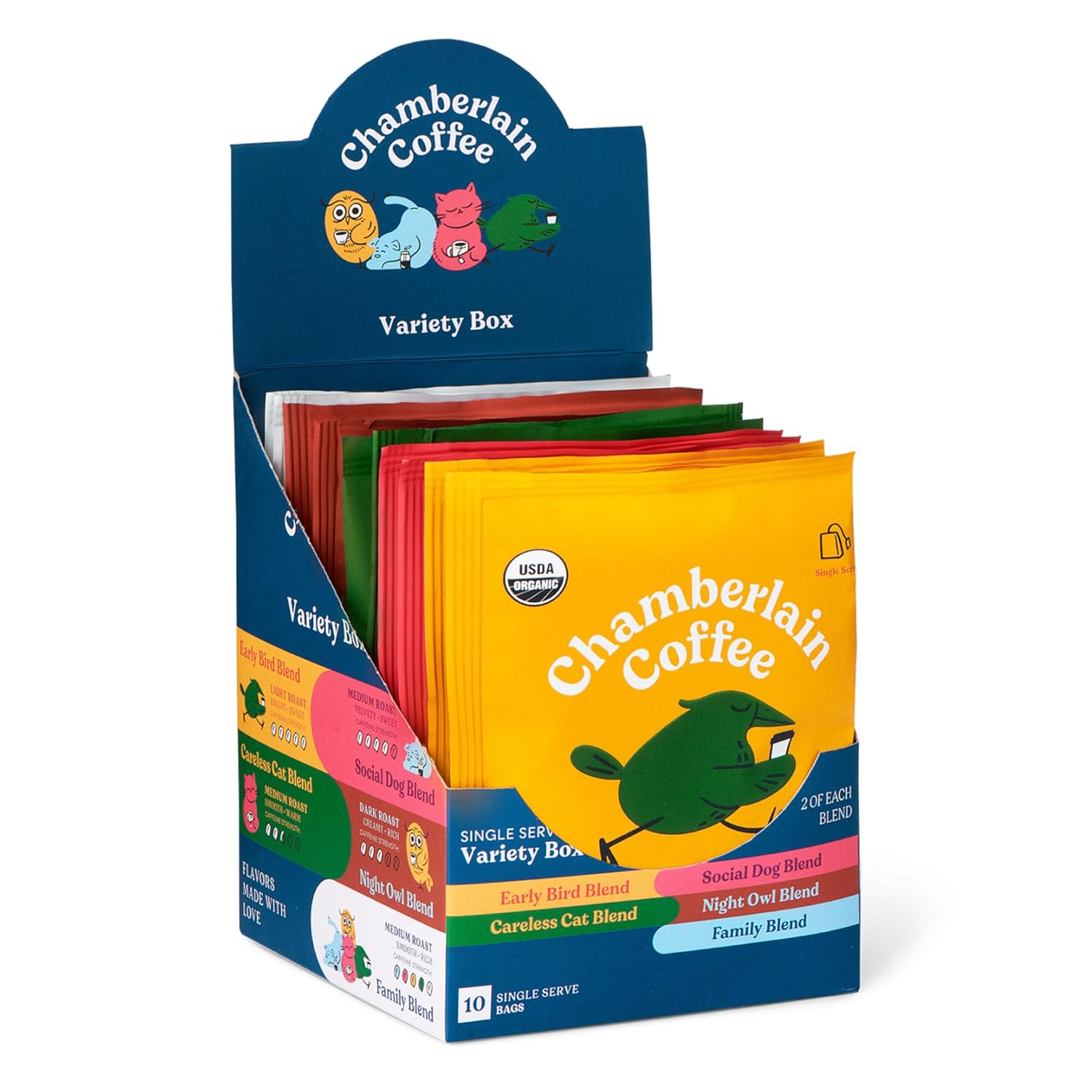 Chamberlain Coffee Variety Box Single Serve Bags - Includes 5 Blends, Original Family Blend, Early Bird Blend, Night Owl Blend, Careless Cat Blend, Social Dog Blend - 10 Single Serve Cold Brew Sachets