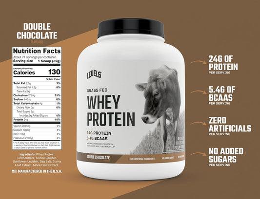 Levels Grass Fed Whey Protein Powder, No Artificials, 24G Of Protein, Double Chocolate, 5Lb