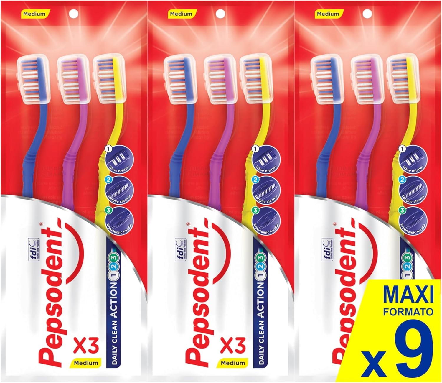 Pepsodent Toothbrush Triple Clean, 3Pcs Medium Red Yellow Pink