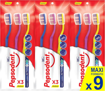 Pepsodent Toothbrush Triple Clean, 3Pcs Medium Red Yellow Pink