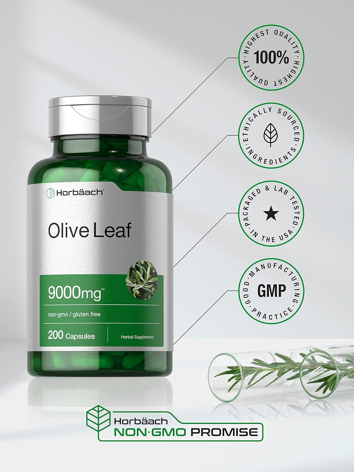 Horbäach Olive Leaf Extract Capsules 9000mg | 200 Count | Super Strength Supplement | Non-GMO, Gluten Free : Health & Household