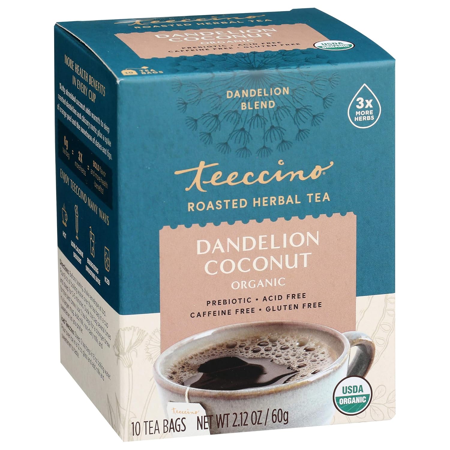 Teeccino Dandelion Coconut Tea - Caffeine Free, Roasted Herbal Tea With Prebiotics, 3X More Herbs Than Regular Tea Bags, Gluten Free - 10 Tea Bags