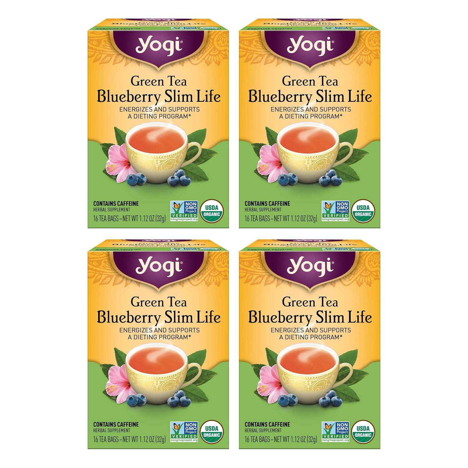 Yogi Tea Green Tea Blueberry Slim Life Tea - 16 Tea Bags Per Pack (4 Packs) - Organic Tea To Support Stamina & Energy - Includes Green Tea Leaf, Bilberry Leaf, Hibiscus Flower, Blueberries & More