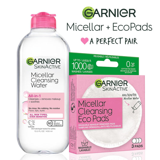 Garnier Micellar Water And Eco Pad Starter Kit, All-In-1 Facial Cleanser & Makeup Remover And 3 Piece Reusable Makeup Remover Pads Set