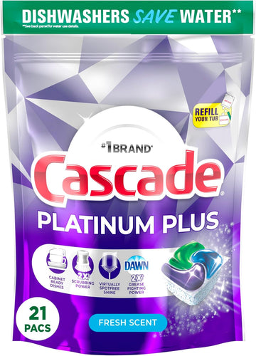 Cascade Platinum Plus Dishwasher Pods, Dish Detergent Actionpacs, Fresh, 21 Count