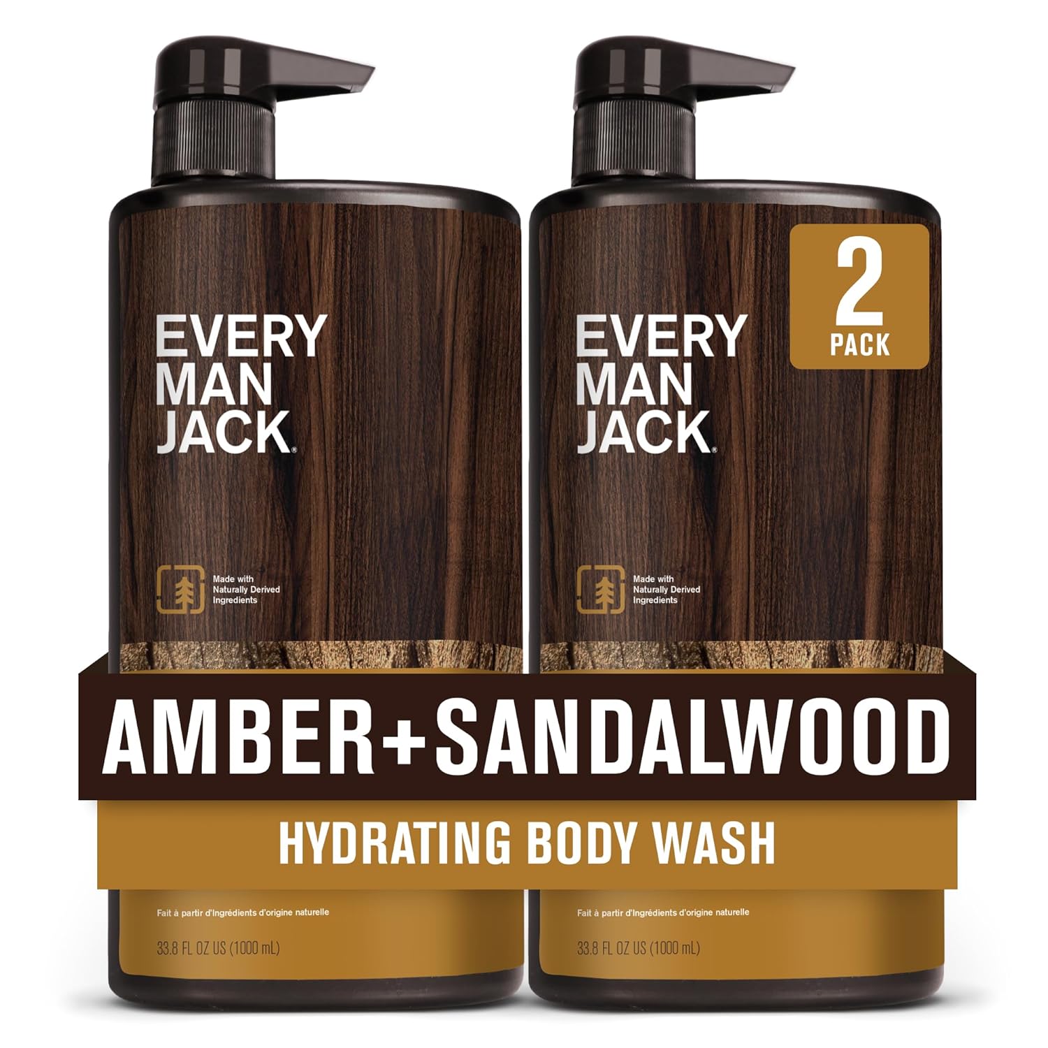 Every Man Jack Nourishing Amber + Sandalwood Mens Body Wash For All Skin Types - Cleanse, Nourish, And Hydrate Skin With Naturally Derived Coconut, Glycerin - 33.8 Fl Oz - 2 Bottles