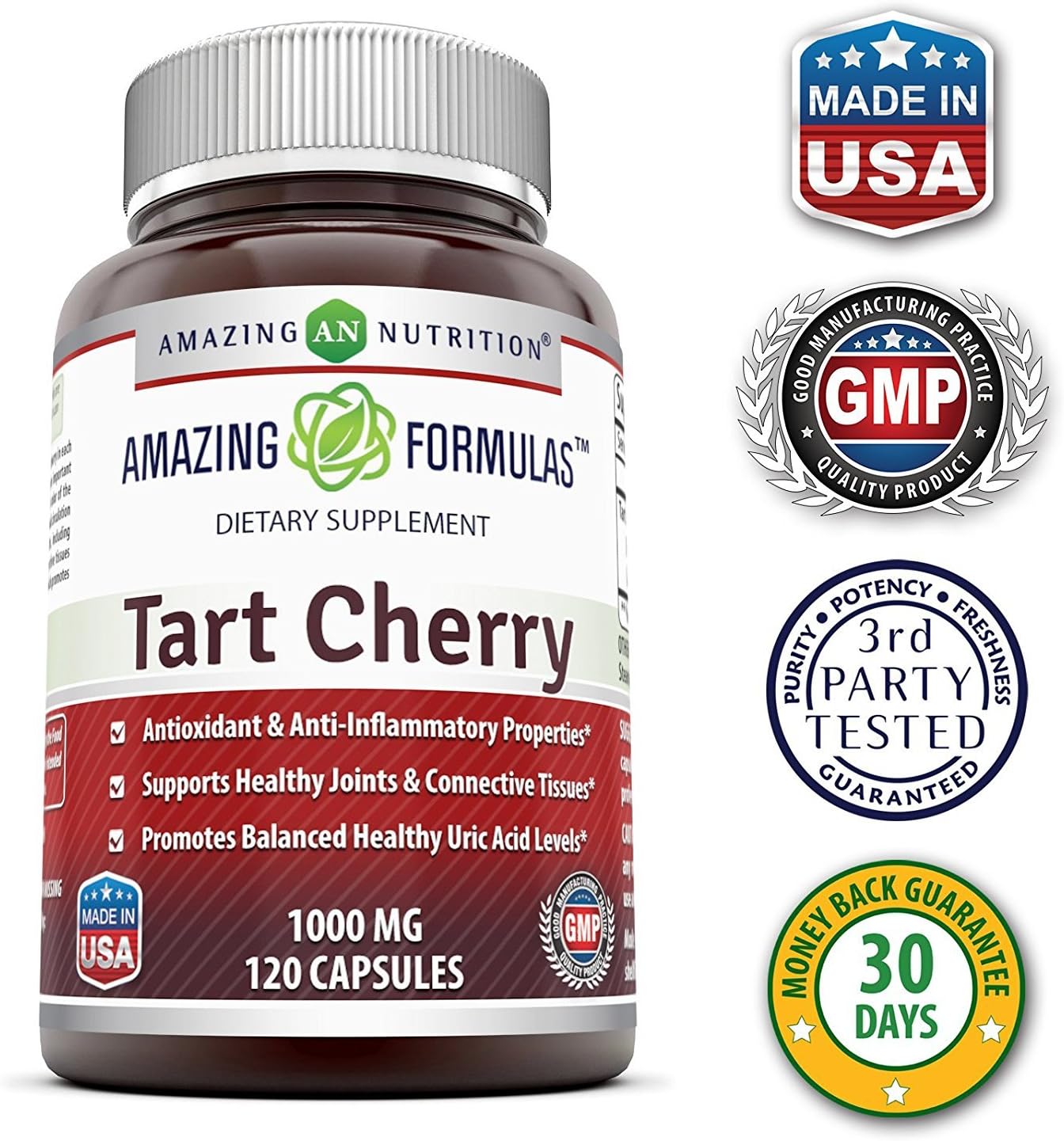 Amazing Formulas Tart Cherry Extract Capsules (Non-GMO,Gluten Free) - Antioxidant Support - Promotes Joint Health & a Proper Uric Acid Level Balance (1000 Mg, 120 Count (Pack of 3))