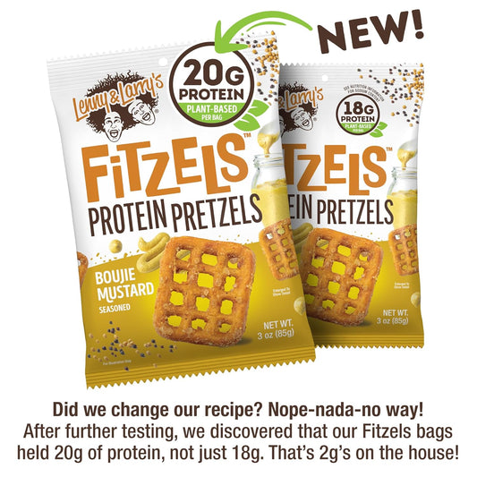 Lenny & Larry'S Boujie Mustard Fitzels- Savory Pretzel Snacks Incredibly Tasty, High Protein, Salty, Vegan, Kosher 20 G'S Of Plant Based Protein 8 (Eight) Bags, 3 Oz Each