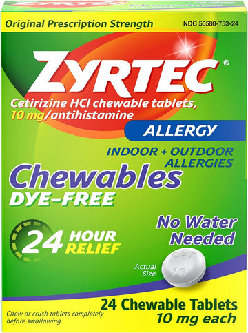 Zyrtec 24 Hour Allergy Relief Chewable Tablets With 10 Mg Cetirizine Hcl Antihistamine, Allergy Relief Medicine For Allergy Symptoms Caused By Ragweed & Tree Pollen, Dye-Free, 24 Ct