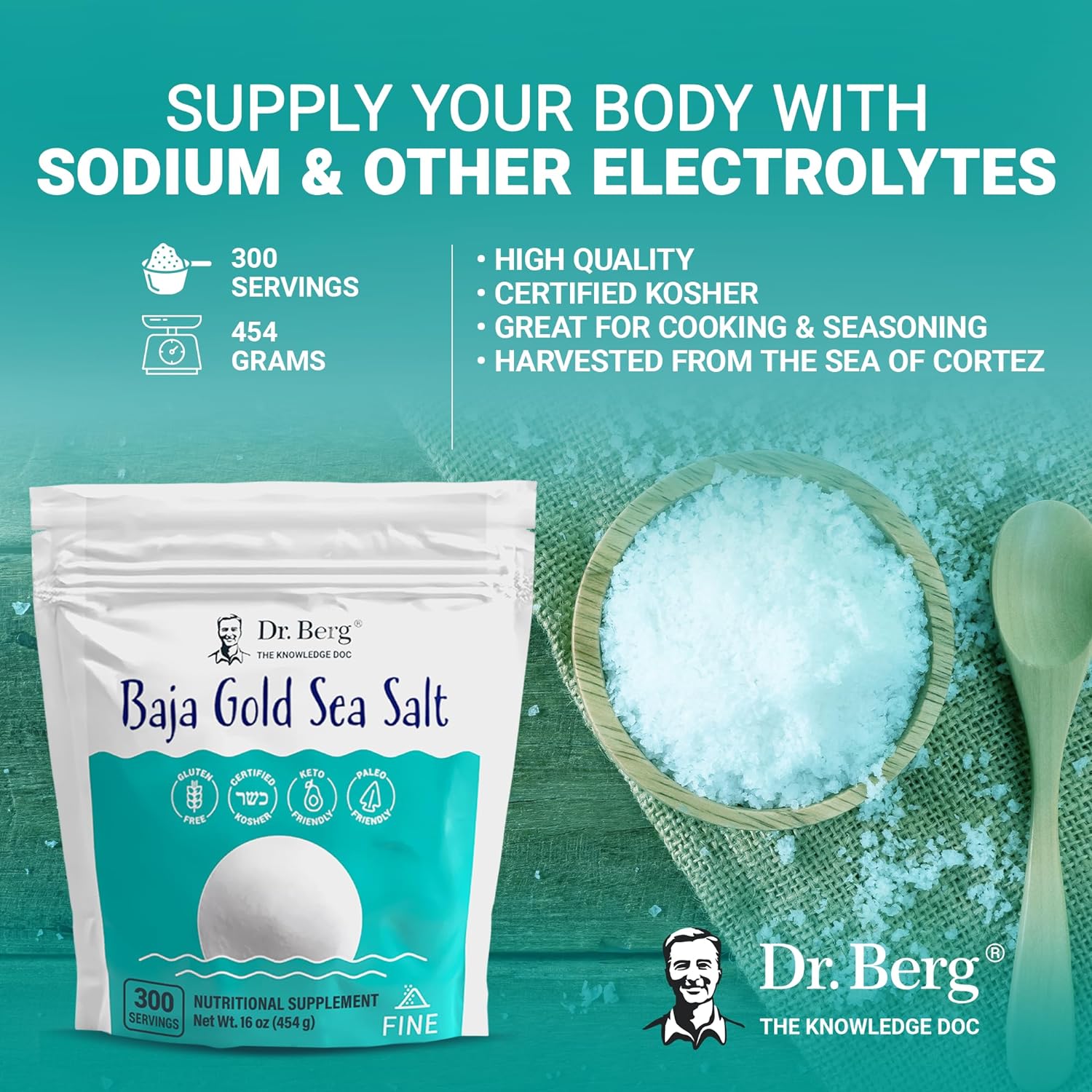 Dr. Berg's Baja Gold Sea Salt Organic - Natures Fine Sea Salt Support For Hydration, and Normal Stomach Acidity - Sea Salt Fine Ground For Cooking and Seasoning - No Microplastics Low Sodium - 16 oz