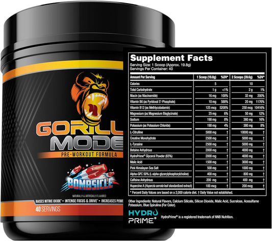 Gorilla Mode Pre Workout - Massive Pumps ú Laser Focus ú Energy ú Power - L-Citrulline, Creatine, L-Tyrosine, Betaine, Hydroprime?, Alpha-GPC, 400mg Caffeine, Huperzine A - 792g (Bombsicle)