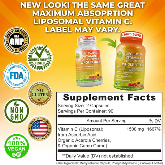 Liposomal Vitamin C Capsules - 1500mg - Made with Organic Acerola Cherries & Camu Camu, High Potency Vitamin C Liposomal - Immune Support Supplement, Enhanced Absorption & Bioavailability - 180 count