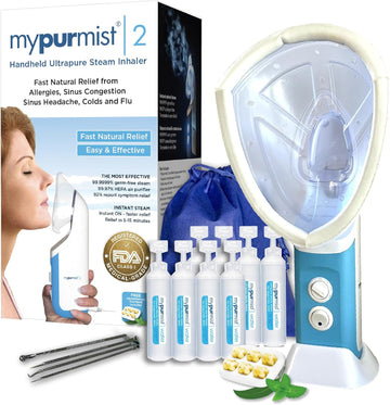 Mypurmist® Essential Kit Plus Facial Steam - Steam Inhaler & Facial Steamer Combo, Personal Handheld Ultrapure Steam - Sinus Congestion Cold Cough Relief Vocal Care Skincare (Plug-In) Fsa/Hsa Eligible