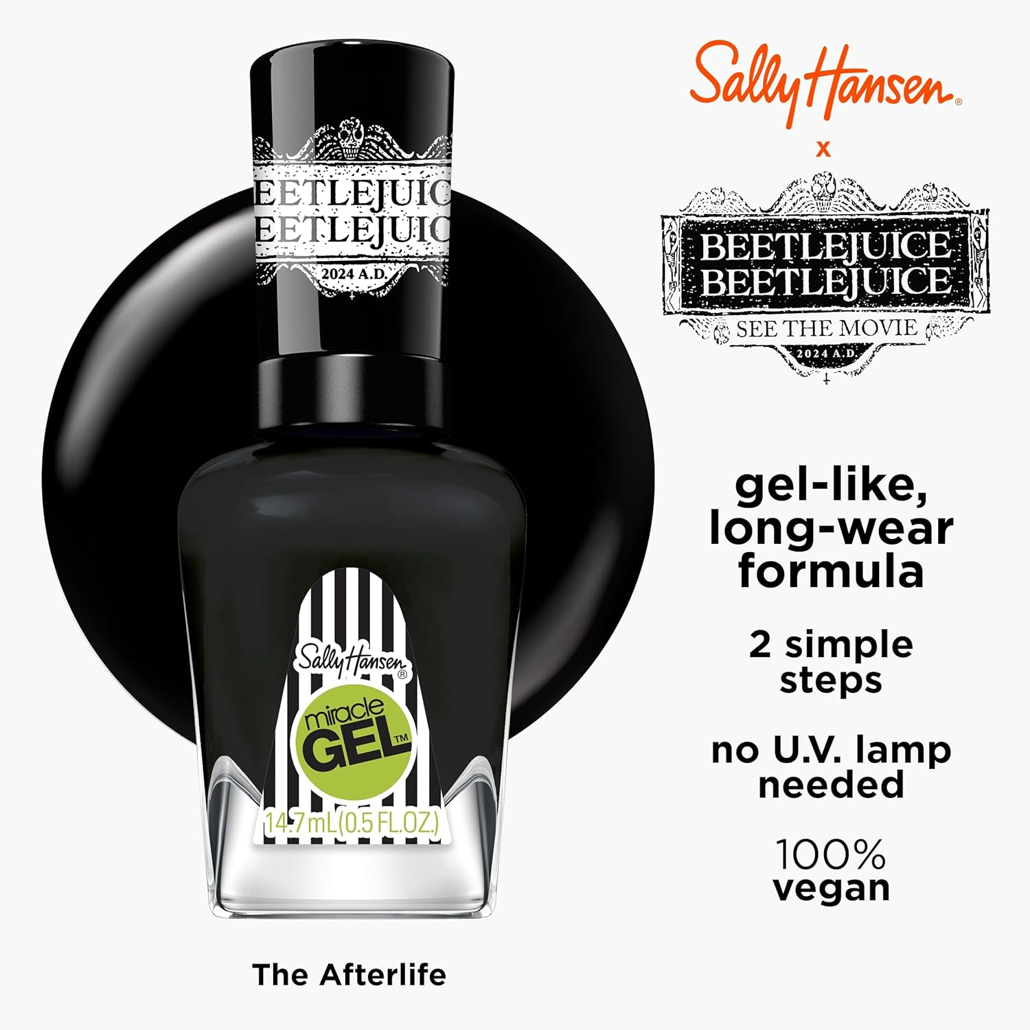 Sally Hansen Miracle Gel™, Beetlejuice The Afterlife???, Long Lasting, Gel-Like Formula, No UV Lamp Needed, Black Nail Polish