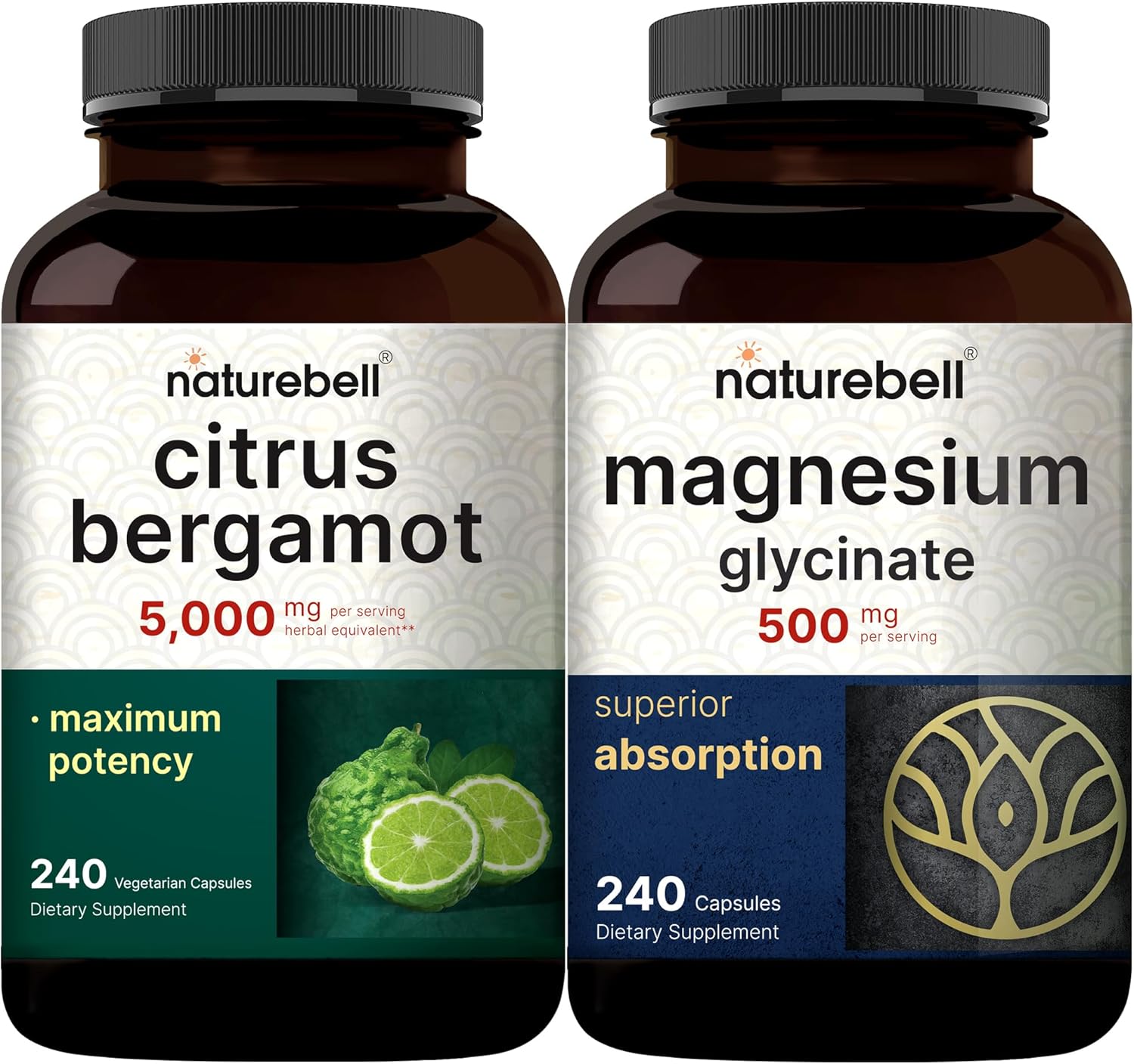 Naturebell Magnesium Glycinate Capsules 500Mg & Citrus Bergamot Veggie Capsules 5,000 Mg Equivalent Bundle Pack | Chelated & Purified Mineral | High Antioxidant Level