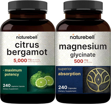 Naturebell Magnesium Glycinate Capsules 500Mg & Citrus Bergamot Veggie Capsules 5,000 Mg Equivalent Bundle Pack | Chelated & Purified Mineral | High Antioxidant Level