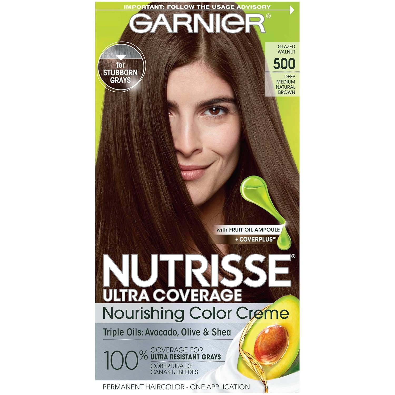 Garnier Hair Color Nutrisse Ultra Coverage Nourishing Creme, 500 Deep Medium Natural Brown (Glazed Walnut) Permanent Hair Dye, 1 Count (Packaging May Vary)