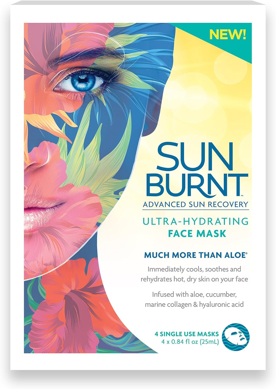 Sunburnt Ultra-Hydrating Face Sheet Mask, Advanced Sun Recovery, Treat Dry Sun Damaged Skin, For After Sun Exposure, Much More than Aloe, Soothes and Rehydrates Hot Dry Skin (4 single use masks) : Beauty & Personal Care